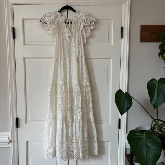 Ulla Johnson Gianna White Eyelet Midi Dress Size 0 XS Tiered Tasseled Boho Bride - Picture 13 of 16